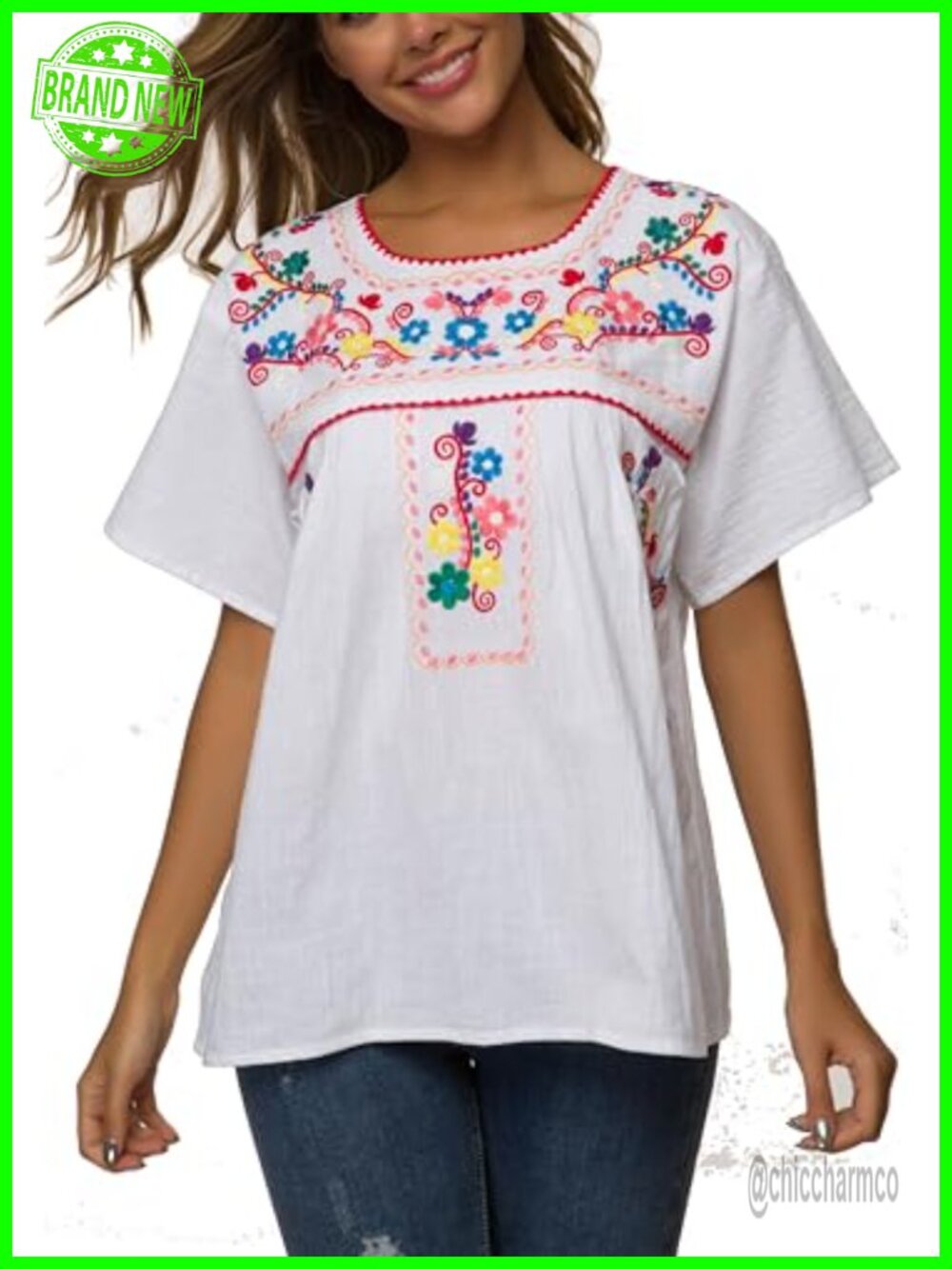 Women's Embroidered Peasant Blouse Boho Mexican Summer Short Sleeve Top